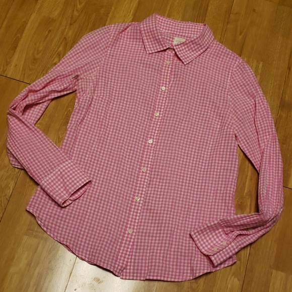 J. Crew Factory Tops - J Crew pink gingham button front shirt sz M
